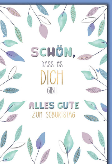 Geburtstagskarte Aquarell – Bunte Blätter mit modernem Schriftzug und Pastellfarben