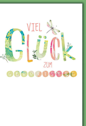 Geburtstagskarte Aquarell – Bunte Buchstaben mit Libelle und floralen Akzenten