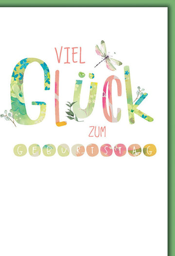 Geburtstagskarte Aquarell – Bunte Buchstaben mit Libelle und floralen Akzenten