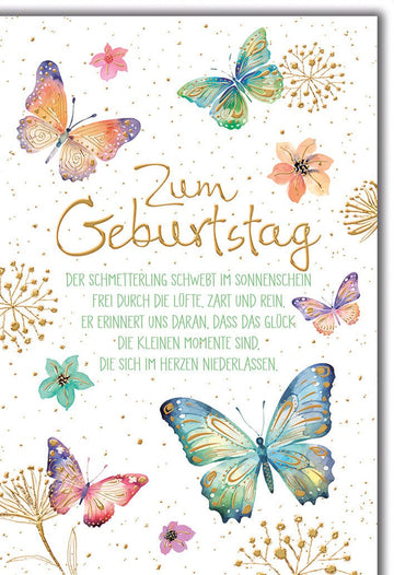 Geburtstagskarte Aquarell – Bunte Schmetterlinge mit Goldakzenten und Spruch