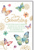 Geburtstagskarte Aquarell – Bunte Schmetterlinge mit Goldakzenten und Spruch