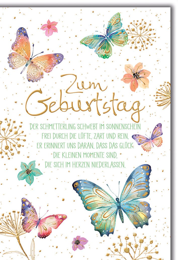 Geburtstagskarte Aquarell – Bunte Schmetterlinge mit Goldakzenten und Spruch