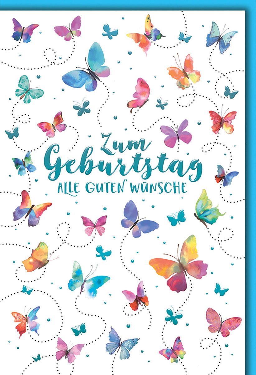 Geburtstagskarte Aquarell – Bunte Schmetterlinge mit verspieltem Design