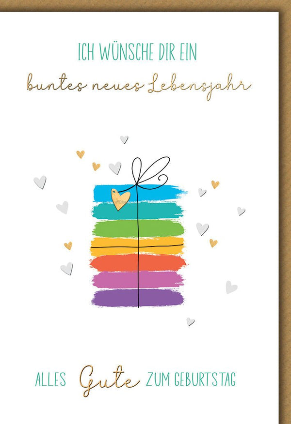 Geburtstagskarte Aquarell – Buntes Geschenk mit Herz und verspielten Details