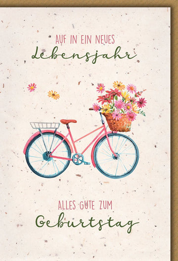 Geburtstagskarte Aquarell – Fahrrad mit Blumen und handgeschriebenem Text