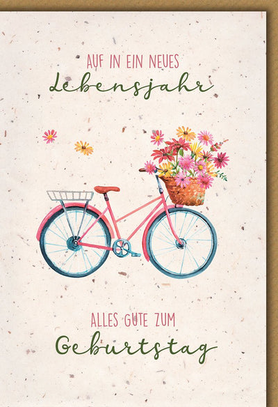 Geburtstagskarte Aquarell – Fahrrad mit Blumen und handgeschriebenem Text