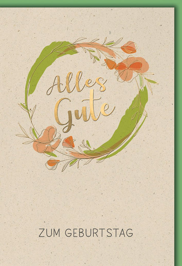 Geburtstagskarte Aquarell – Goldene Schrift mit Blumenkranz und Naturtönen