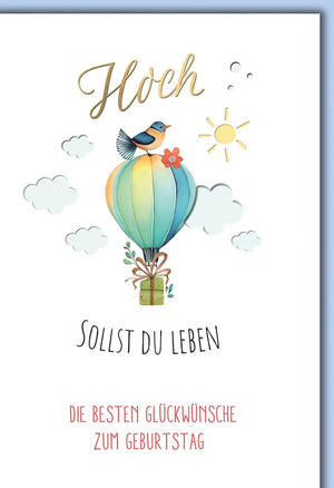 Geburtstagskarte Aquarell – Heißluftballon mit Vogel und Sonnenschein-Design