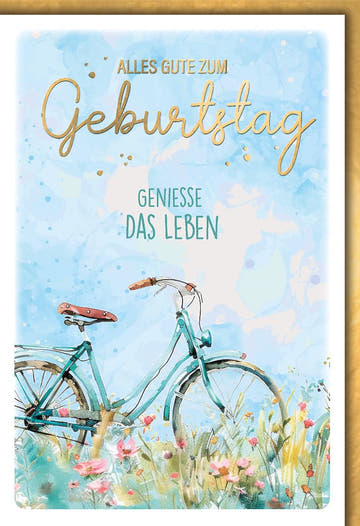 Geburtstagskarte Aquarell – Vintage Fahrrad in Blumenwiese mit Goldschrift