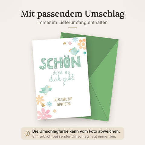 Geburtstagskarte Aquarell – Vögel und Blumen in Pastellfarben mit liebevollem Spruch