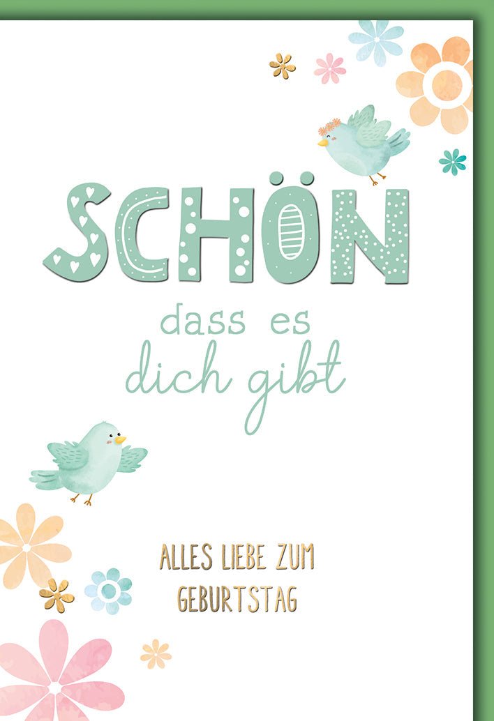 Geburtstagskarte Aquarell – Vögel und Blumen in Pastellfarben mit liebevollem Spruch