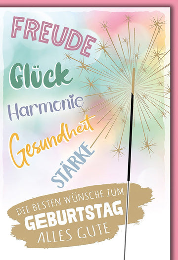 Geburtstagskarte Aquarell – Wunderkerze mit bunten Glückwünschen und Pastellfarben
