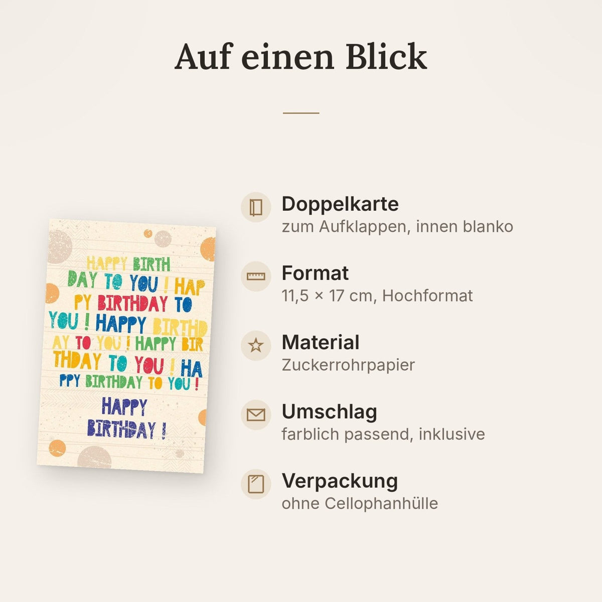 Geburtstagskarte aus Zuckerrohrpapier mit Spruch, Bunte Punkte, Festliche Glückwunschkarte für Feierlichkeiten