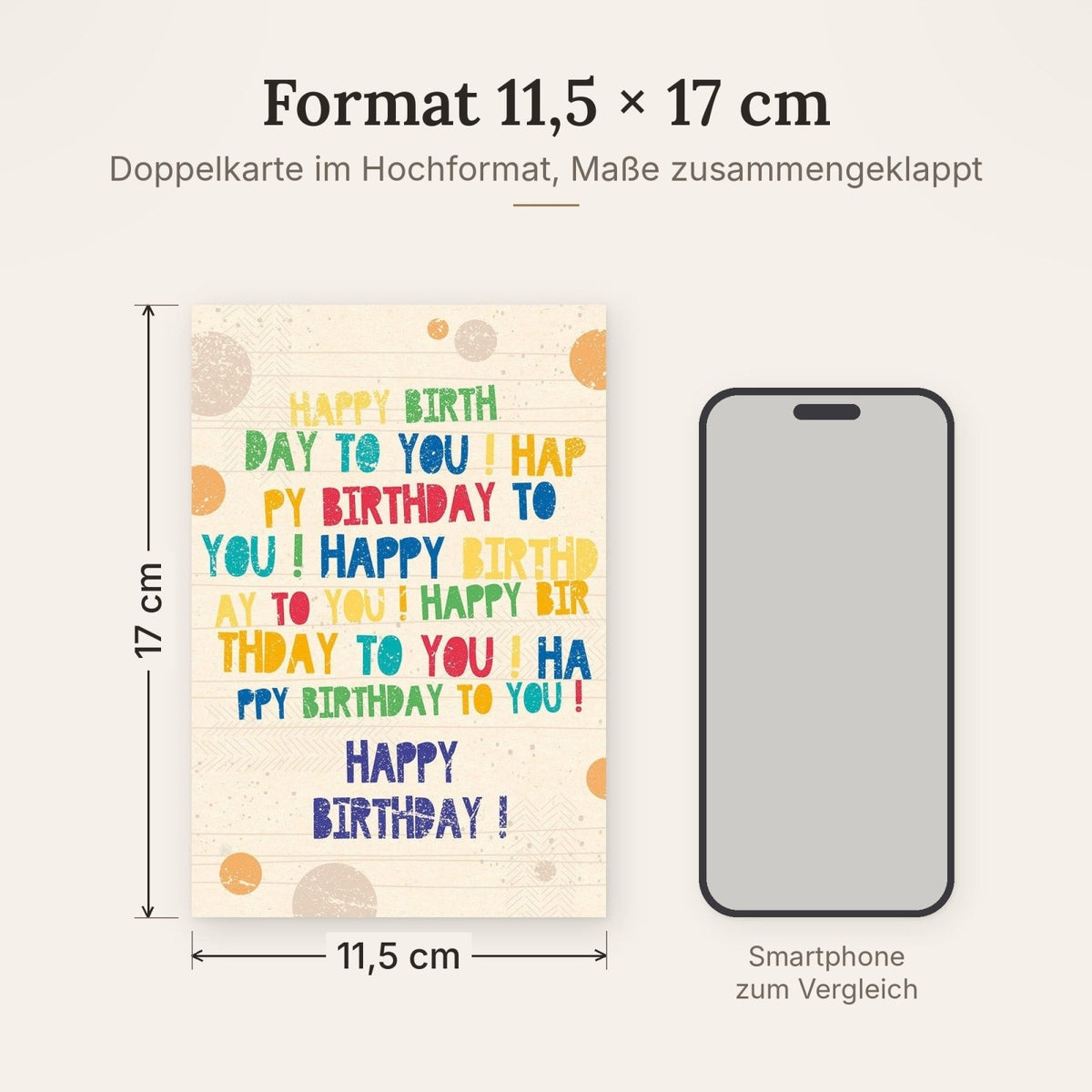 Geburtstagskarte aus Zuckerrohrpapier mit Spruch, Bunte Punkte, Festliche Glückwunschkarte für Feierlichkeiten