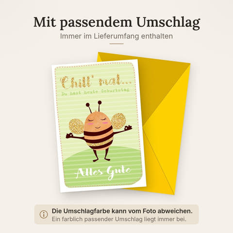 Geburtstagskarte Bienenmotiv - Humorvolle "Chill mal" Karte mit Goldglitzer auf Grün, Witzig & Niedlich