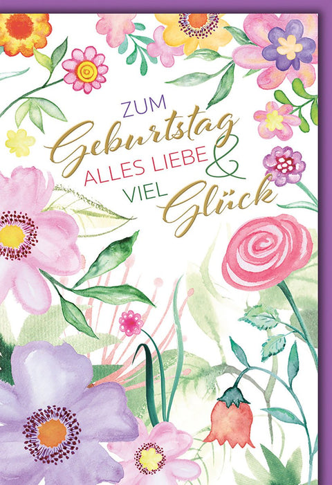 Geburtstagskarte Blumen Aquarell – Bunte Blüten mit Goldschrift und Pastellakzenten