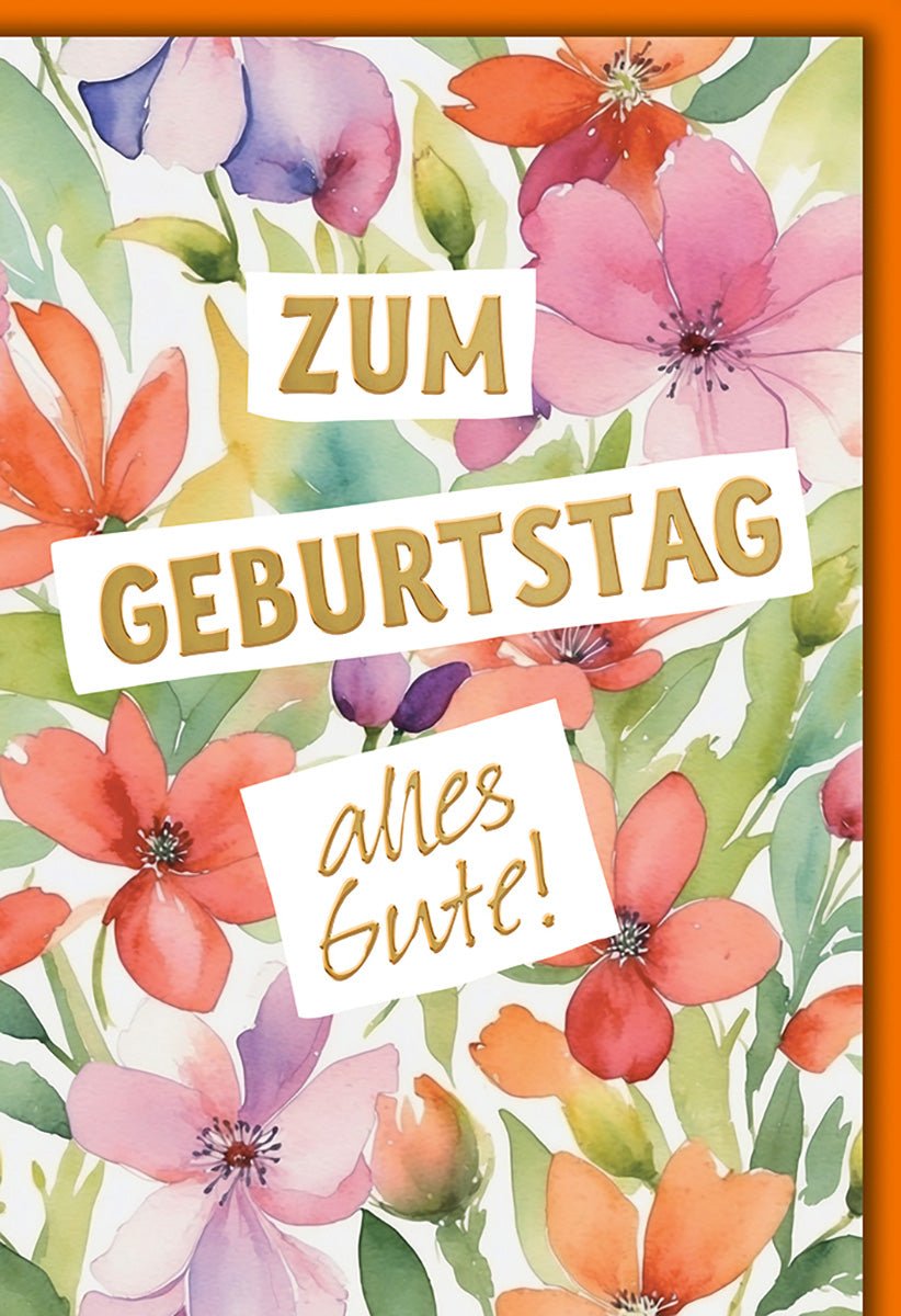 Geburtstagskarte Blumen Aquarell – Bunte Blüten mit handgeschriebenem Alles Gute