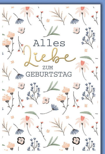 Geburtstagskarte Blumen – Aquarellblüten in Pastell mit Goldschrift und Eleganz