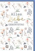 Geburtstagskarte Blumen – Aquarellblüten in Pastell mit Goldschrift und Eleganz