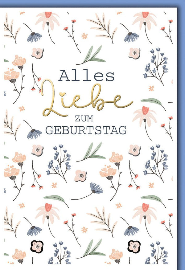 Geburtstagskarte Blumen – Aquarellblüten in Pastell mit Goldschrift und Eleganz