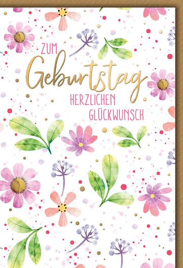 Geburtstagskarte Blumen – Aquarellblüten in Rosa und Grün mit Goldschrift