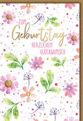 Geburtstagskarte Blumen – Aquarellblüten in Rosa und Grün mit Goldschrift