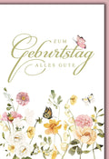 Geburtstagskarte Blumen – Aquarellblüten mit Schmetterlingen und zartem Schriftzug