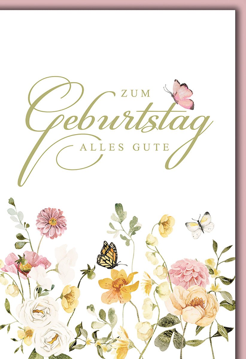 Geburtstagskarte Blumen – Aquarellblüten mit Schmetterlingen und zartem Schriftzug