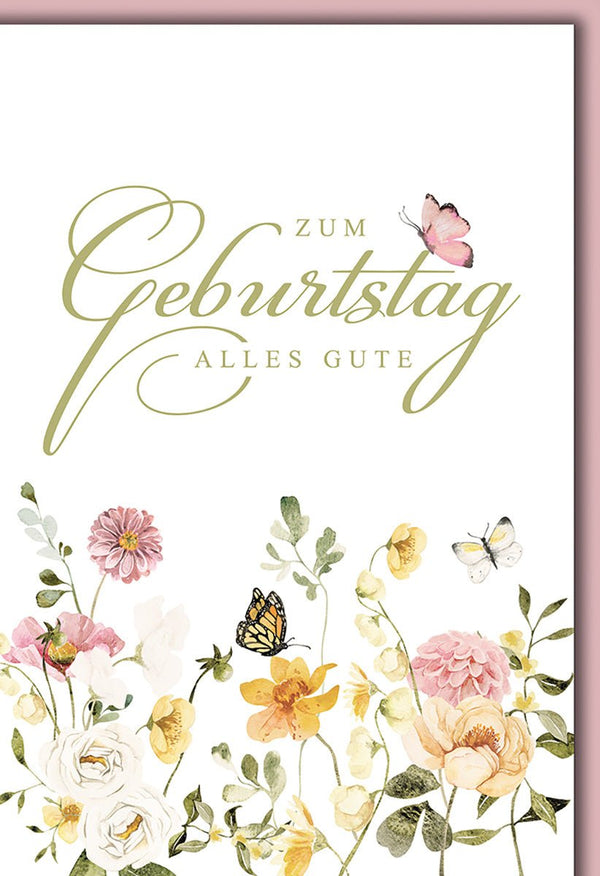 Geburtstagskarte Blumen – Aquarellblüten mit Schmetterlingen und zartem Schriftzug