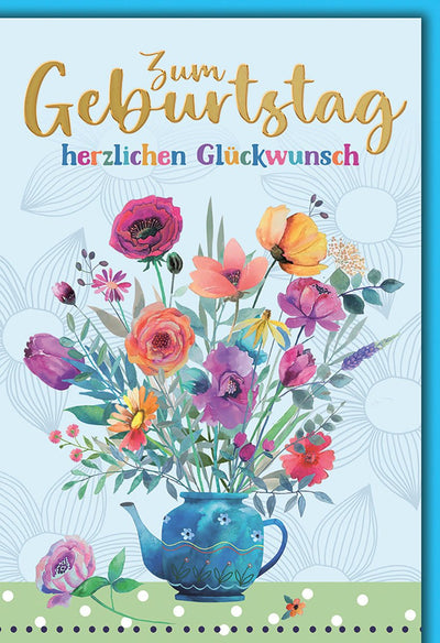 Geburtstagskarte Blumen – Bunte Aquarellblüten in blauer Gießkanne mit Goldschrift