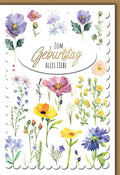Geburtstagskarte Blumen – Bunte Aquarellblüten mit verspieltem Randdesign