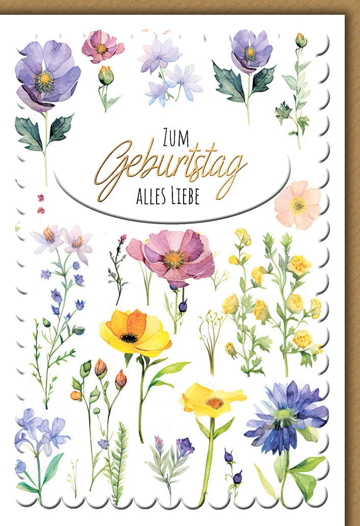 Geburtstagskarte Blumen – Bunte Aquarellblüten mit verspieltem Randdesign