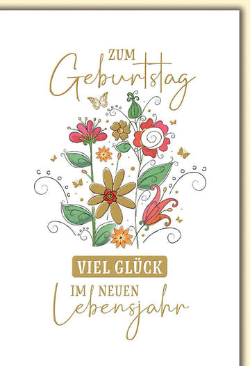 Geburtstagskarte Blumen – Bunte Blumenillustration mit Schmetterling und Goldakzenten
