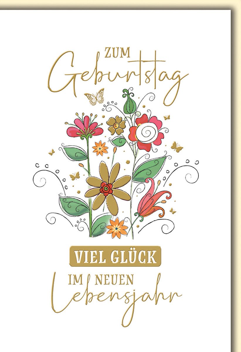 Geburtstagskarte Blumen – Bunte Blumenillustration mit Schmetterling und Goldakzenten