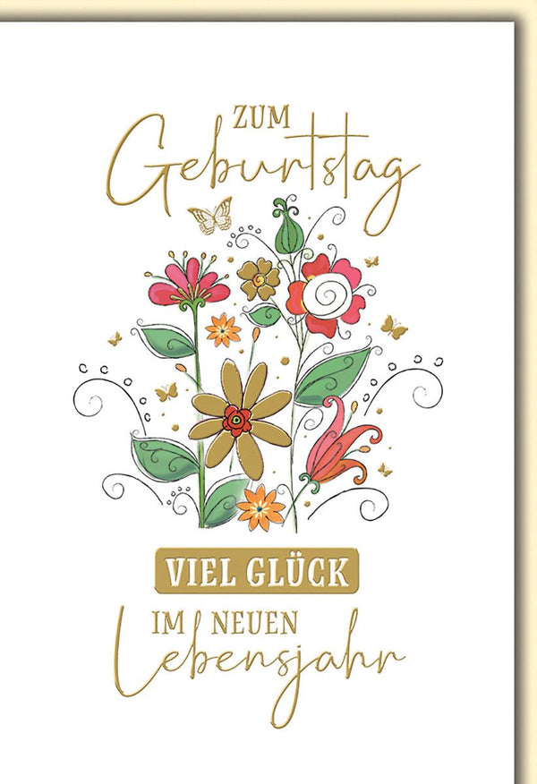 Geburtstagskarte Blumen – Bunte Blumenillustration mit Schmetterling und Goldakzenten