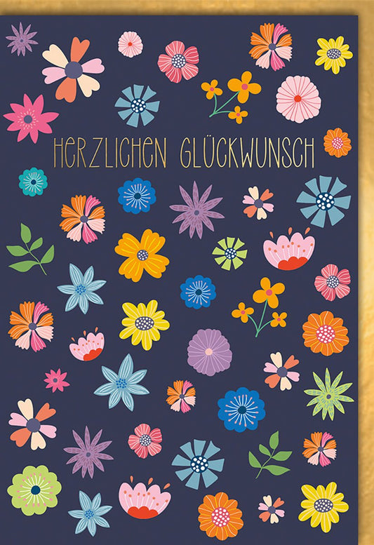 Geburtstagskarte Blumen – Bunte Blüten auf Dunkelblau mit Goldrand und Schriftzug