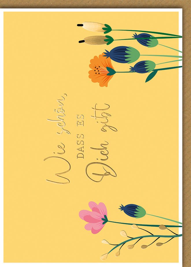 Geburtstagskarte Blumen – Bunte Blüten auf Gelbem Hintergrund mit Goldschrift