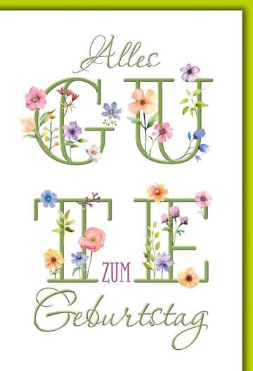 Geburtstagskarte Blumen – Bunte Blüten im Schriftzug mit grünem Rand und Eleganz