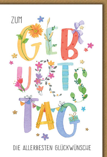 Geburtstagskarte Blumen – Bunte Buchstaben mit verspielten floralen Akzenten