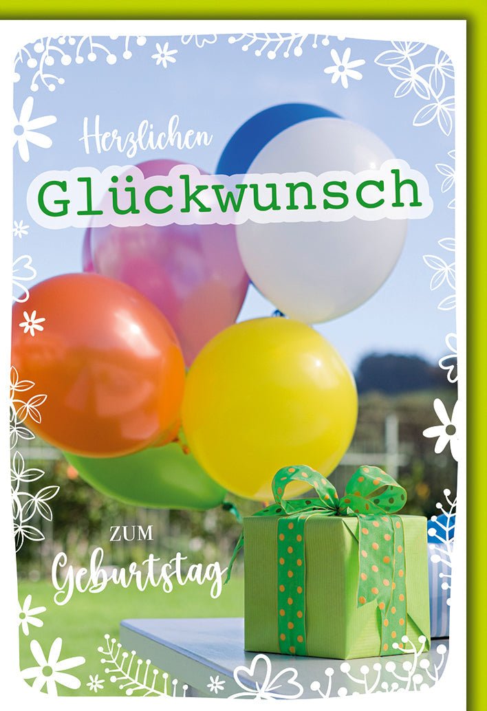 Geburtstagskarte Blumen – Bunte Luftballons mit Geschenk und verspieltem Design
