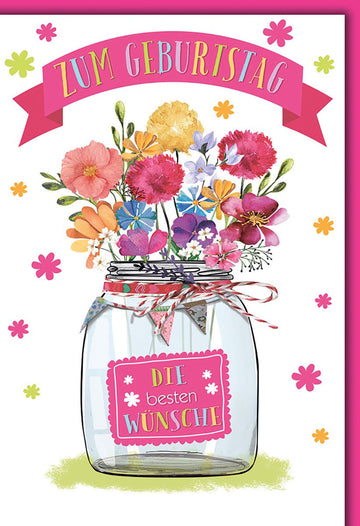 Geburtstagskarte Blumen – Bunte Wildblumen im Einmachglas mit verspieltem Design