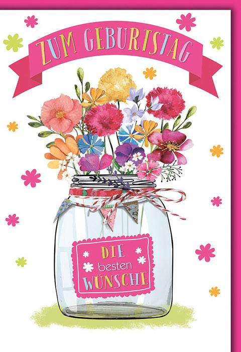 Geburtstagskarte Blumen – Bunte Wildblumen im Einmachglas mit verspieltem Design