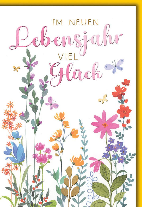 Geburtstagskarte Blumen – Bunte Wildblumen mit Schmetterlingen und Glückwunschtext