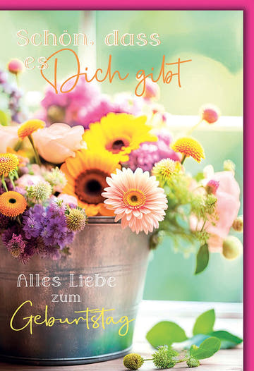 Geburtstagskarte Blumen – Bunter Blumenkorb mit Fensterblick und handgeschriebenem Text