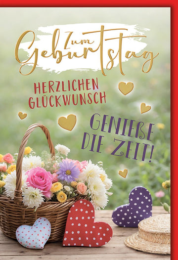 Geburtstagskarte Blumen – Bunter Blumenkorb mit Herzen und fröhlichem Design