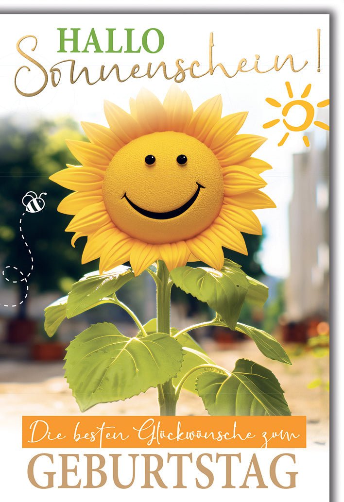 Geburtstagskarte Blumen – Fröhliche Sonnenblume mit Lächeln und sonnigem Gruß