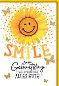 Geburtstagskarte Blumen – Fröhliche Sonnenblume mit Schmetterlingen und Smile-Design