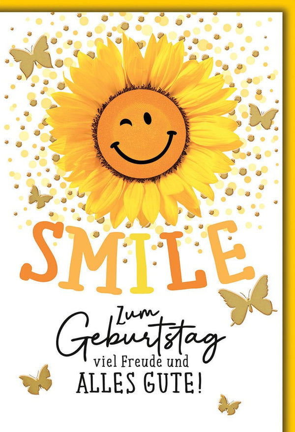 Geburtstagskarte Blumen – Fröhliche Sonnenblume mit Schmetterlingen und Smile-Design
