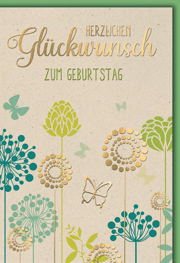 Geburtstagskarte Blumen – Goldene Akzente mit Schmetterlingen auf Naturpapier
