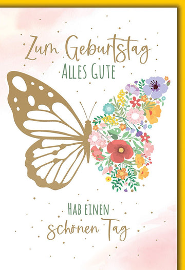 Geburtstagskarte Blumen – Goldener Schmetterling mit buntem Blumendesign und Aquarellhintergrund